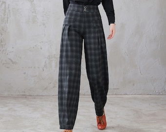 High Waist Plaid Pants Women, Harem Wool Trousers, Wool Tapered Pants, Winter Autumn Long Baggy Trousers, Check Wide Leg Pants Custom 3117