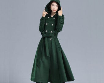 Womens Wool Trench Coat, Military Coat Women, Green Long Wool Coat with Hood, Winter Belted Swing Coat, Double Breasted Princess Coat 3212