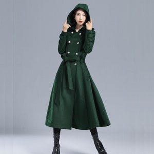 Womens Wool Trench Coat, Military Coat Women, Green Long Wool Coat with Hood, Winter Belted Swing Coat, Double Breasted Princess Coat 3212