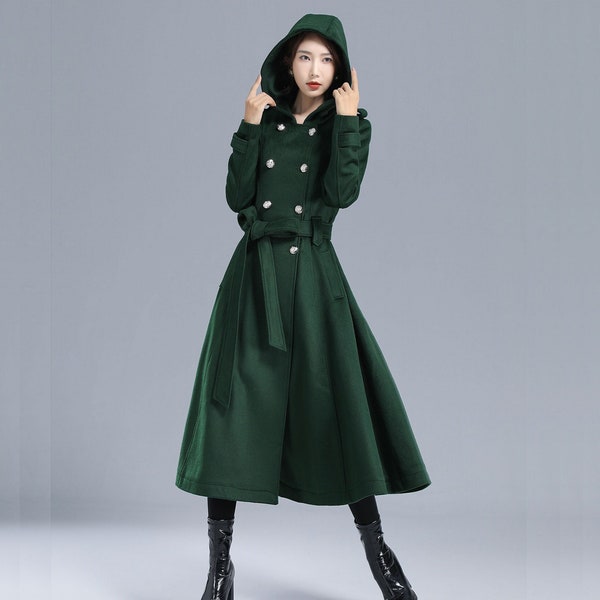 Womens Wol Trench Coat, Militaire Jas Vrouwen, Groene Lange Wollen Jas met Capuchon, Winter Belted Swing Coat, Double Breasted Princess Coat 3212