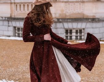 Burgundy wool coat, Hooded wool coat, Single Breasted Wool Coat, Long Swing wool Coat, Fit and Flare Coat, Custom Warm Winter Coat 3424#