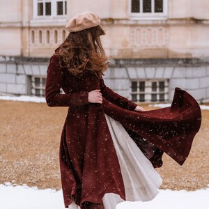 Burgundy wool coat, Hooded wool coat, Single Breasted Wool Coat, Long Swing wool Coat, Fit and Flare Coat, Custom Warm Winter Coat 3424#