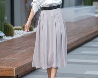 Pleat A line swing midi skirt, Fit and flare Skirt with Pockets, Chic Summer Skirt Outfits 3544