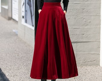 Red Long Velvet Skirt, High Waisted Skirt, Swing Skirt, A