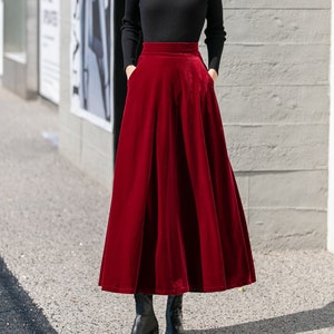 Red Long Velvet Skirt, High Waisted Skirt, Swing Skirt, A