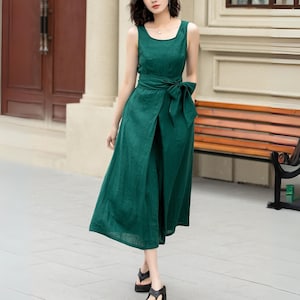 Summer Linen Dress, Green Sleeveless dress, Casual Linen Midi Dress, Belted Linen dress with pockets, Plus size dress, custom dress 4968 Green