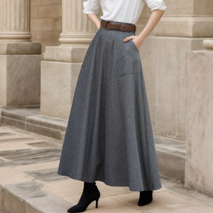 Falda larga de lana, falda vintage de los años 50 con cintura elástica, falda de invierno para mujer, falda de lana de corte A con bolsillos, falda de cintura alta 3853