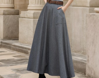 Langer Maxi Wollrock, Vintage 1950er Jahre Elastische Taille Wollrock, Winterrock für Frauen, A-Line Wollrock mit Taschen, High Waist Rock 3853