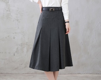 Wool Skirt Women, Pleated Wool Midi Skirt Grey, A Line Flared Skirt with Pockets, High Waist Winter Skirt, Minimalist Skirt, Xiaolizi 3123