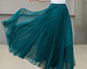 Jupe en mousseline de soie, jupe midi en tulle bohème à taille élastique, jupe en tulle de plage bleu pour femme, jupe d'été grand cercle swing, jupe longue de danse 4271