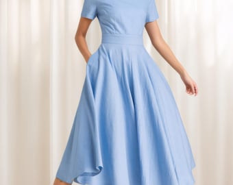 Family wedding dress, Blue Linen dress, Womens Fit and flare Midi swing dress with pockets, Summer Boat Neck Part dress, Xiaolizi 2341#