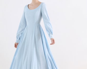 Long sleeve Linen maxi dress, Women Vintage inspired Medieval dress, Blue dress, Long dress, Modest dress, Spring Autumn dress 2508#