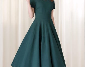 Women's Linen swing Dress with the pockets, 50s green fitted midi dress, Summer party fit and flare dress, Retro short sleeve dress 1900#