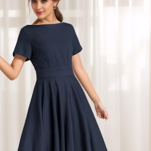 Navy Blue dress, Linen dress, Fit and flare Midi dress, Casual Dress with pockets, Women dress, Summer dress, Short sleeve Part dress 5814#
