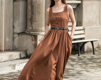 Brown Midi Pinafore Dress, Button up dress, Women's Summer Pleated Fit and Flare Dress, Swing Dress, Custom Dress, Xiaolizi 3702#