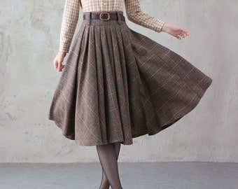 Midi Wool Skirt, Wool Plaid Skirt, Winter Circle Wool Skirt, Swing Skirt, A-Line Midi Skirt, High Waist wool Skirt, Handmade Skirt 3839#