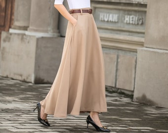 A-Line khaki Work maxi Skirt, Long skirt, A Line Swing skirt with pockets, High waist maxi skirt women, Summer skirt, minimalist skirt 2780#