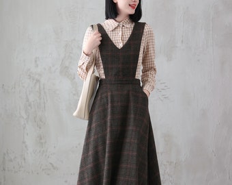 Long Wool Pinafore Dress, Vintage Inspired Plaid Wool Dress, Women's Winter Maxi Dress with Pockets, A-Line Wool Pinafore, Xiaolizi 3836#