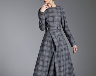 Plaid wool dress, winter wool dress, Midi Wool dress, Long sleeves dress, A-Line wool dress, Womens Wool dress, Handmade dress 2236#