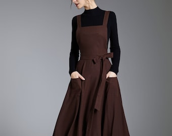 Linen Pinafore, Linen Pinafore Dress, Brown Linen Midi Dress, Women's Fit Flare Pinafore Dress With Pockets, Custom dress, XiaoLizi 3878#