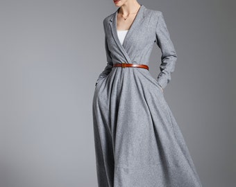 Gray Wool Dress, Wool Midi Dress, Long Sleeve Wool Dress, Women's Wool Dress With Pockets, Autumn Winter Wool Dress, Handmade Dress 3887#