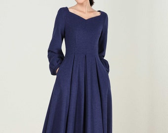 Long wool Maxi dress, Long sleeve wool dress, Blue wool dress, Wool dress, Woman dress, fit and flare dress, Autumn winter dress 2430#