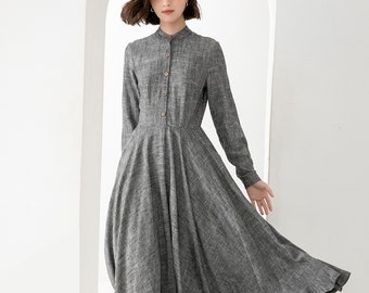 Linen shirt dress, Gray Linen maxi dress, Long sleeve Linen dress, Swing dress with pockets, Work dress, Sprig autumn outwear, Xiaolizi 3831