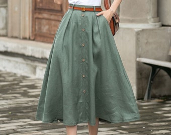 Linen skirt, Midi skirt, Green Button front Skirt, Womens Linen midi skirt, A-Line Skirt, Plus size Skirt with Pockets, Xiaolizi 3697