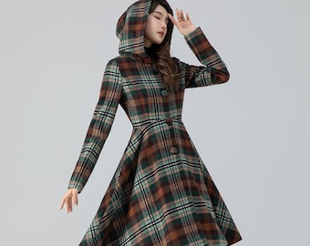 Hooded midi plaid winter wool coat women 4784 Hooded midi plaid winter wool coat women 4784