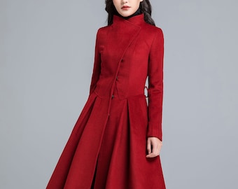 Wool coat, Asymmetrical wool coat, Long wool coat, winter coat women, Red coat, Belted coat, fitted coat, designer coat, made to order 2482#