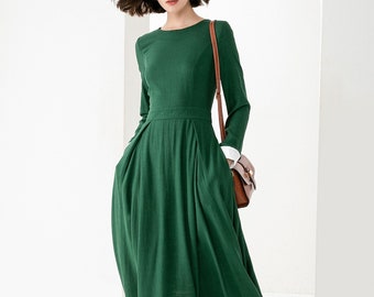 Green Linen maxi dress, Women's Long Sleeve Maxi Linen dress, Linen dress, Women's dress, Custom made dress, Spring autumn dress 3830#