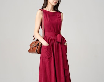 Robe en lin rouge, Robe midi en lin pour femme, Robe d'été, Robe longue décontractée, Robe de bal sans manches, Robe de soirée trapèze, Robe sur mesure 4190#