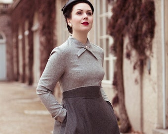Gray Midi Wool Dress, Vintage 1950s Swing Wool Dress, Fit and Flare Wool Dress, Patchwork Dress, Autumn Winter Wool Dress, Custom Dress 4126