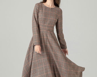 Plaid Wool dress, Wool maxi dress, Swing wool Dress, Long Sleeve Wool  Dress, Fit and Flare Dress, Winter Dress, Custom Primary color: plaid-4610