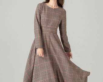 Plaid Wool dress, Wool maxi dress, Swing wool Dress, Long Sleeve Wool Dress, Fit and Flare Dress, Winter Dress, Custom Dress, Xiaolizi 4491