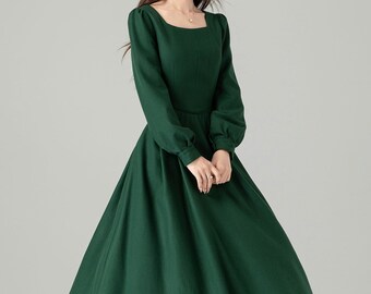 Green wool dress, Long wool dress, Wool Midi dress, Long sleeve wool dress, Woman dress, fit and flare dress, Autumn winter dress 4492#