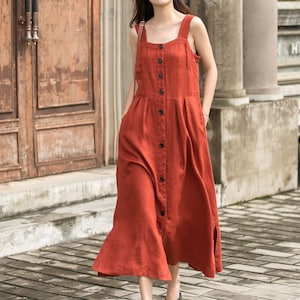 Linen dress, Orange Linen pinafore dress, Button Down Linen Dress, Long Linen Dress, Women&#39;s summer Linen Dress With Pockets, Xiaolizi 3700#