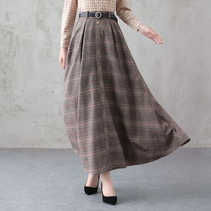 Button Front Wool Skirt, Long Plaid Skirt, Maxi Plaid Wool Skirt, Winter Skirt women, Elastic Waist Skirt, Handmade Skirt, Xiaolizi 3838#