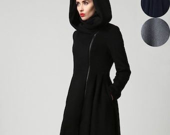 Cappotto invernale nero con cappuccio in lana da donna, cappotto midi asimmetrico in lana, cappotto con gonna ampia, cappotto con cappuccio, capospalla autunno-inverno, Xiaolizi K1121