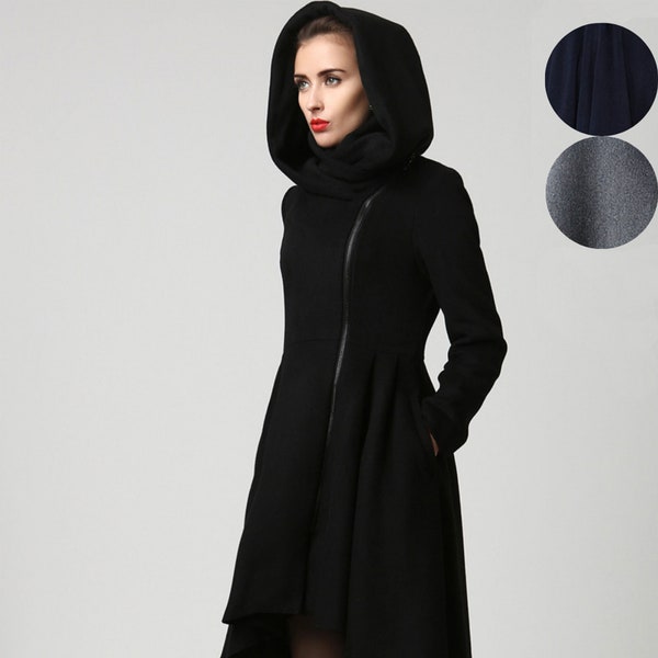 Black Winter Hooded Wool Coat Women, Asymmetrical Midi Wool Coat, Full Skirt Coat, Hooded Swing Coat, Autumn Winter Outwear, Xiaolizi K1121