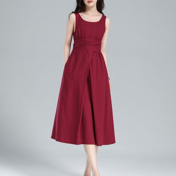 Women's Summer Linen Midi Dress, Loose Fit Linen Dress, Chic A Line Dress with Pockets, Plus Size Dress, Belted Dress, Maternity Dress 3616