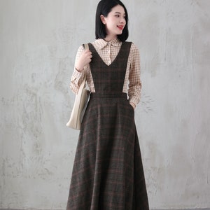 Long Wool Pinafore Dress Vintage Inspired Plaid Wool Dress Women s Winter Maxi Dress With Pockets A line Wool Pinafore Xiaolizi 3836 Etsy