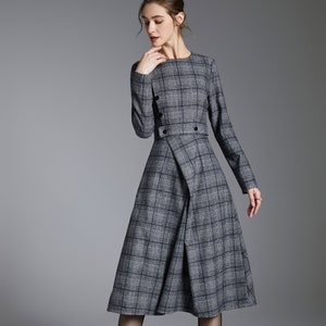 Plaid wool dress, winter wool dress, Midi Wool dress, Long sleeves dress, A-Line wool dress, Womens Wool dress, Handmade dress 2236#