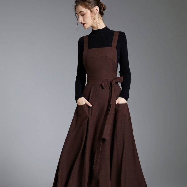 Leinen Trägerkleid, Leinen Trägerkleid, Braunes Leinen Midi Kleid, Damen Trägerkleid mit Taschen, Maßgeschneidertes Kleid, XiaoLizi 3878#