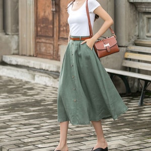 Linen skirt, Midi skirt, Green Button front Skirt, Womens Linen midi skirt, A-Line Skirt, Plus size Skirt with Pockets, Xiaolizi 3697 green