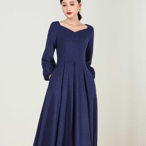 Long wool Maxi dress, Long sleeve wool dress, Blue wool dress, Wool dress, Woman dress, fit and flare dress, Autumn winter dress 2430#