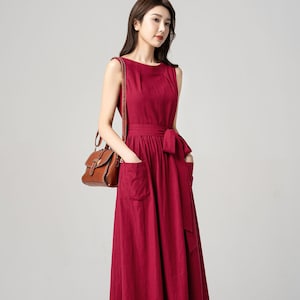 Red Linen Dress, Womens Midi Linen Dress, Summer Dress, Casual Long Dress, Sleeveless Prom Dress, A Line Party Dress, Custom Dress 4190#