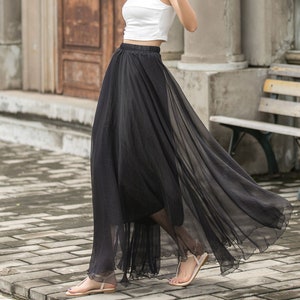 Elastic Waist Boho Chiffon Maxi Skirt, Women Black Beach Chiffon Skirt ...