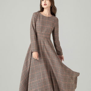 Plaid Wool dress, Wool maxi dress, Swing wool Dress, Long Sleeve Wool Dress, Fit and Flare Dress, Winter Dress, Custom Dress, Xiaolizi 4491