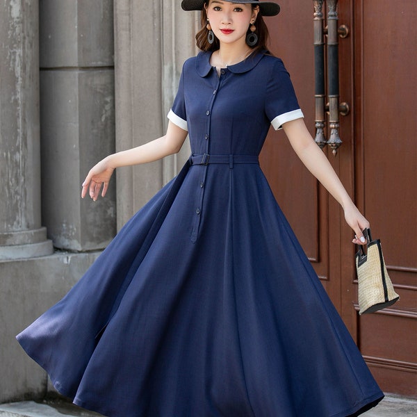 Vintage Inspired Swing Midi Dress, Fit and Flare Dress, Blue Shirt Dress, Short sleeve Button up Long Dress, Custom Dress, Xiaolizi 4409